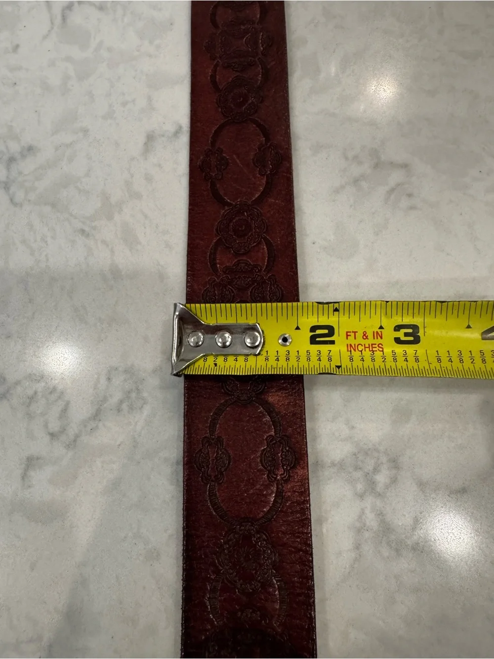 Fossil Brown Leather Belt L Embossed Boho Western Statement Buckle